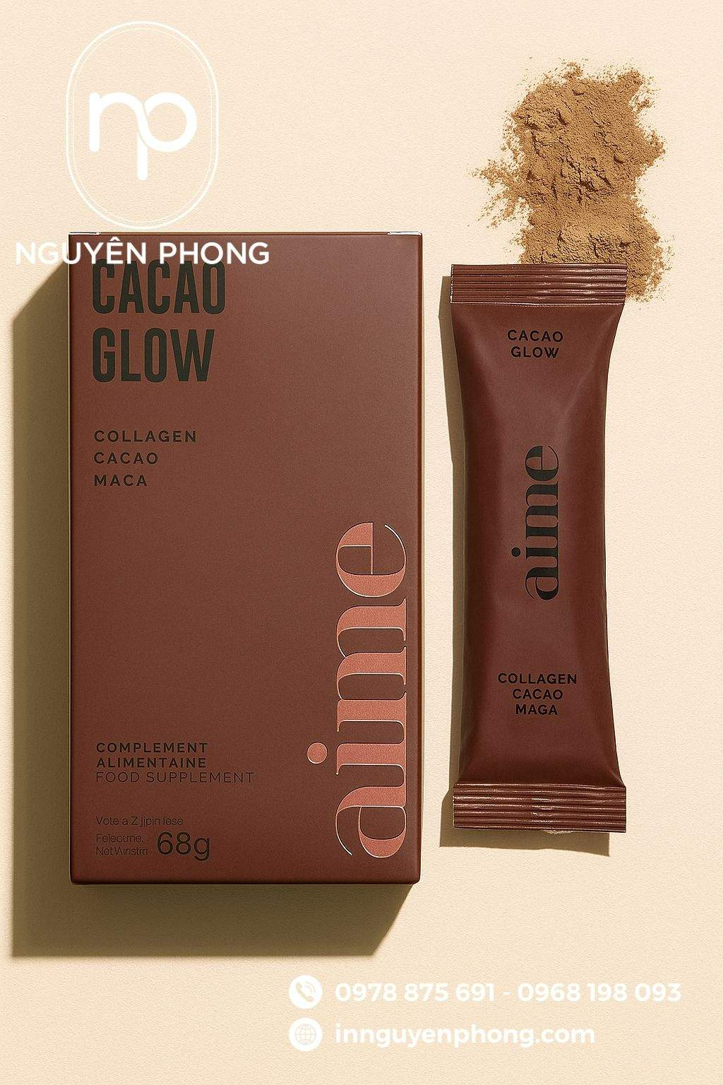 Mẫu hộp giấy đựng bột cacao nhấn mạnh thương hiệu 